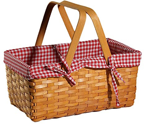 Picknickkorb, natürlicher geteilter Einkaufskorb, gewebter Korb mit doppelten Klappgriffen, handgefertigter Korb, Outdoor-Picknickkorb, rosa Futter, Honigfarbe, 34 x 22 x 16,5 cm, 1 Stück.
