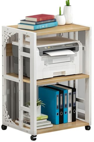 CD-Player-Ständer mit 3 Etagen, AV-Media-Ständer mit Metall-Medien-Wagen, offener Speicher, Audio-Regal für Wohnzimmer, Büro und Aufnahmestudio, Weiß und helle Walnussholzfarbe