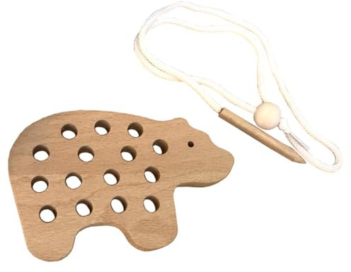 NoriKids Fädelspiel aus Holz – Motorikspielzeug zum Fädeln – schult Feinmotorik & Konzentration – Lernspiel für Kinder – Motiv Bär (Hellbraun) – Montessori Spielzeug 2 Jahre