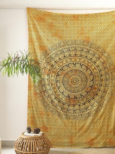 Popular Handicrafts Wandbehang mit zwei Mandala-Hippie-Mandala, psychedelischer Elefant, Wandbehang, indische Maditation, , Bohemian, Hippie, Wohnheim, Raumdekoration, Gelb, 203 x 137 cm