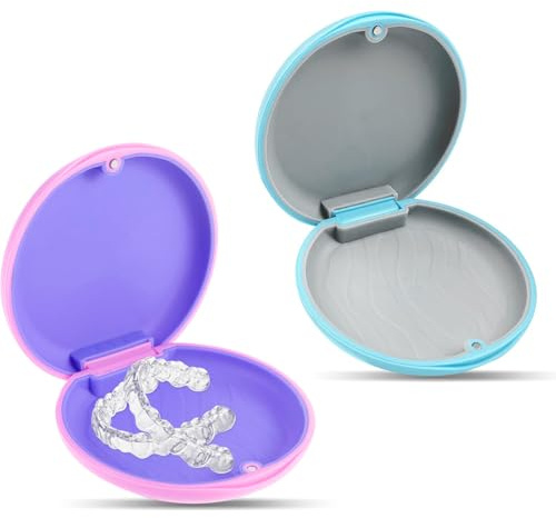 2 bitburkar med magnetisk stängning, retainer box för tandställningar och proteser | 2 proteslådor i blått och rosa för ligner, tandskena och tandprotes — säkert försluten med magnetlock.