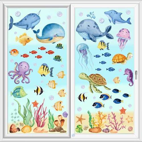9 Blatt Fensterbilder Selbstklebend Meerestiere Wandtattoo Unterwasserwelt Badezimmer Aufkleber Fenstersticker Sommer Deko Fenster Aufkleber Dekorationen Wiederverwendbar Fensterdeko