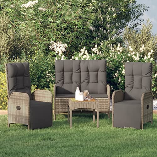 IKAYAA Gartenmöbel Set für 4 Personen mit 2er Sofa, 2 Stühle Verstellbare Rückenlehne, Terrassenmöbel Set Grau Sitzgruppe Polyrattan Gartenbank, Bank + 2X Sessel