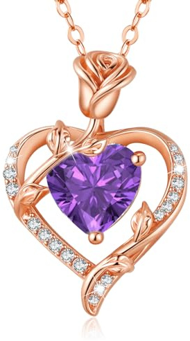 Halskette Damen 925 Sterling Silber Rosen Herz Geburtsstein Kette Schmuck | Geschenk für Frauen Frau Freundin Mama zum Weihnachten Valentinstag Muttertags Hochzeit Jubiläum Geburtstag