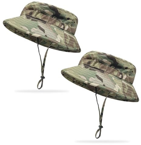 FUIPVGI 2 Stücke Camo Sonnenhut für Kinder Herren Damen, Camouflage Boonie Hat Fischerhut, Military UV Schutz Bucket Hat Safari Dschungelmütze mit Kinnriemen (Camo)