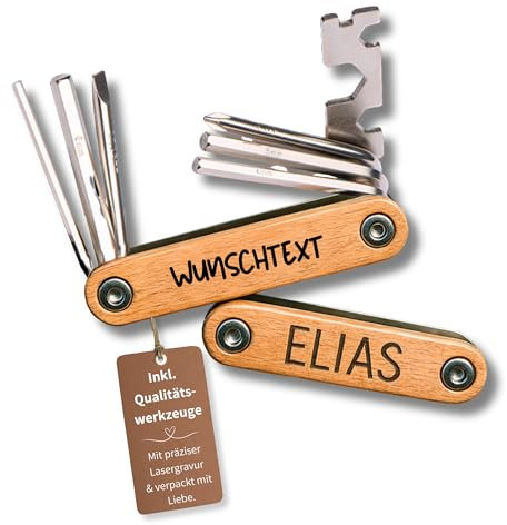 Happy Box® 9in1 Personalisiertes Fahrrad-Multitool aus Buchenholz – Graviertes Werkzeug für Papa zum Vatertag – Multifunktionswerkzeug mit Namen, Fahrrad Zubehör – Geschenk Radfahrer (Wunschtext)