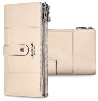 FANDARE Damen Geldbörse Frauen Langportemonnaie mit RFID-Blockierung, Echtleder-Geldbörse, Clutch-Tasche, Brieftasche mit 15 Kartenfächern, 2 Reißverschlussfächern Elegante Abendhandtasche Beige-Weiß