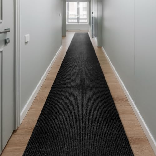 Wecon Home Buhai Läufer, 80 x 400 cm, schwarz | ultraflacher Türvorleger 5mm, rutschfest, saugstark & wetterfest Teppichläufer für Flur, Küche, Balkon, robust & modern