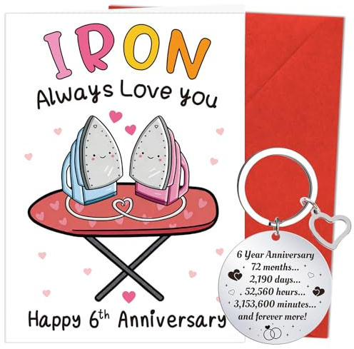 Eiapadeor 6th Wedding Anniversary Card Gift - Funny Iron Anniversary Greeting Card with Keychain Iron 6 Years Wedding Gifts for Him Her Husband Wife Partner Spouse Couples