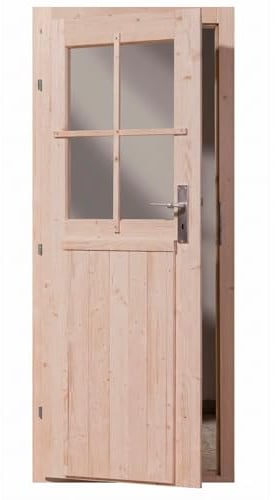 ULTINESS Gartenhaus Tür Holz, Einflügeltür, nordische Fichte, 94 x 183 cm | Echtglas, Naturbelassen, mit Zylinderschloss & Sprossen, Aluminium-Türschwelle, Gartenhaus Tür Geräteschuppen, Holztür außen