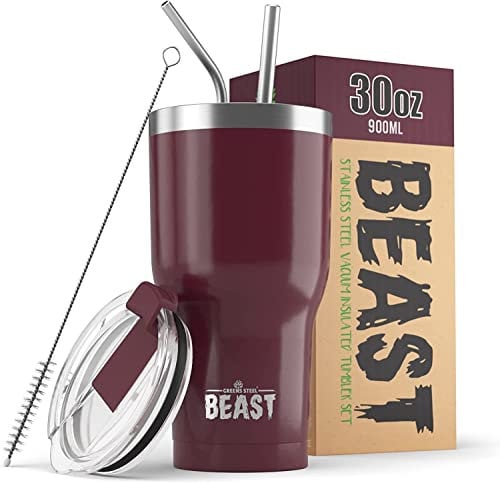 Beast Thermobecher 900 ml - Cranberry I Mehrweg Thermo Kaffeebecher To Go mit 2 Strohhalmen & Reinigungsbürste I Doppelwandiger Trinkbecher aus Edelstahl I Perfekt für Kaffee oder Eiskaffee I BPA-frei
