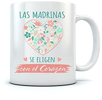 Tazas Bonitas con Frases y Dibujo - Taza De Desayuno para Familia - Taza Madrina Original - Las Madrina se Eligen con el Corazón 350ml Blanco