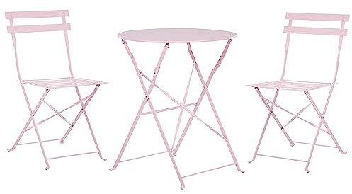 Salon de Jardin Bistrot Table et 2 Chaises Pliables en Acier Rose Pastel Fiori
