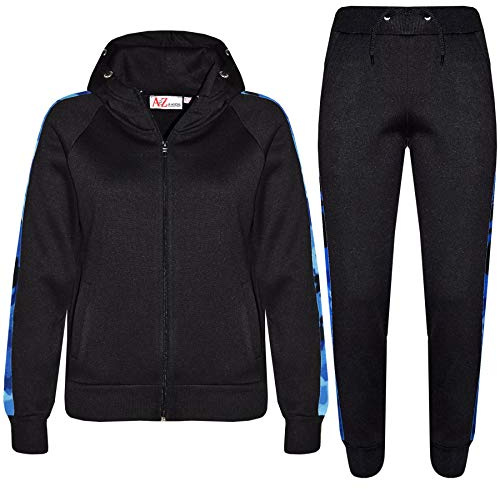 A2Z 4 Kids Girls Boys Tracksuit Plain Zipped Hooded Sweatshirt Top Bottoms Gym Jogging - T.S 102 Black & Camo Blue 7-8