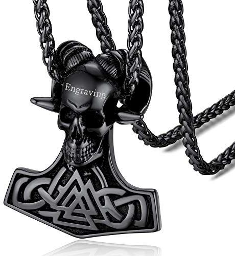 FaithHeart Engraving Nordic Viking Jewellery Claw Skull Necklace for Kids Old School Thor's Hammer Pendant Occult Jewelry Black Custom Charm for Protection Talisman Chain Stainless Steel