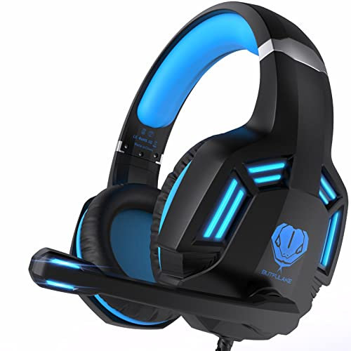 Casque de jeu pour PS4, PC, Xbox One, PS5, pour Nintendo Switch, casque filaire avec son surround stéréo, microphone antibruit, lumières LED pour enfants et adultes, noir et bleu