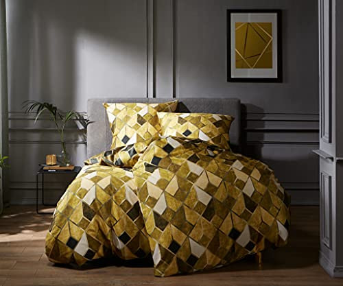 Bettwaesche-mit-Stil Mako Satin Bettwäsche Raute Curry gelb (Garnitur 155x200 + 80x80 cm)