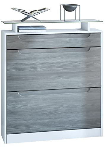 Vladon Schuhschrank Fiesta, Weiß matt/Avola-Anthrazit/Avola-Anthrazit Schuhkipper für 16 Paar Schuhe mit 2 Klappen (89 x 104 x 23 cm)