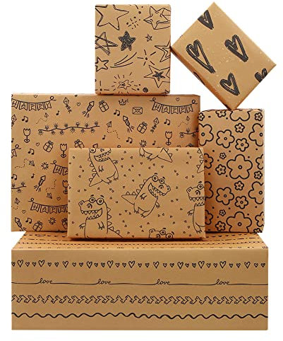 6 gefaltete Blätter braunes Kraft Recyclingpapier Dinosaurier Stern Herz Blumen Design Geschenkpapier für Mädchen Jungen Babyparty Urlaub 50 x 70 cm pro Blatt handgezeichnetes Design