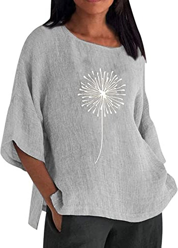 Leinen Bluse Damen 3/4 Arm Vintage Oversize Oberteile Leinenbluse Grosse Grössen Leinenoberteile Übergröße Tshirt Tunika Blumen Print Mode Lose T Shirt Pullover Tops Hemdbluse, Grau, M