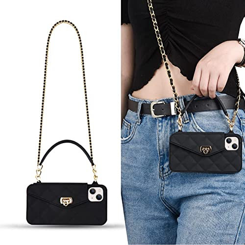 Yatchen Wallet Case for iPhone 14 Pro Max,Crossbody Phone Case with Lanyard Strap Cute Flip Credit Card Holder Soft Silicone Girls Lady Handbag Cover for iPhone 14 Pro Max Black