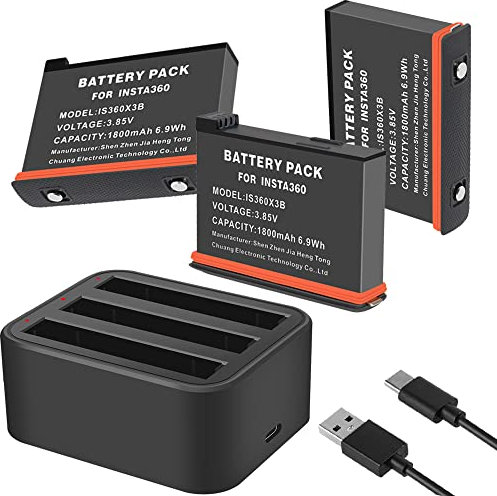 VOLOHAS Cargador de Batería + 3 Baterías para Insta360 X3 Alta Velocidad Cargador de Batería Accesorio para Insta360 One X2/X3 con Cable USB Tipo C Soporta Protocolo de Carga Rápida PD3.0/PD2.0