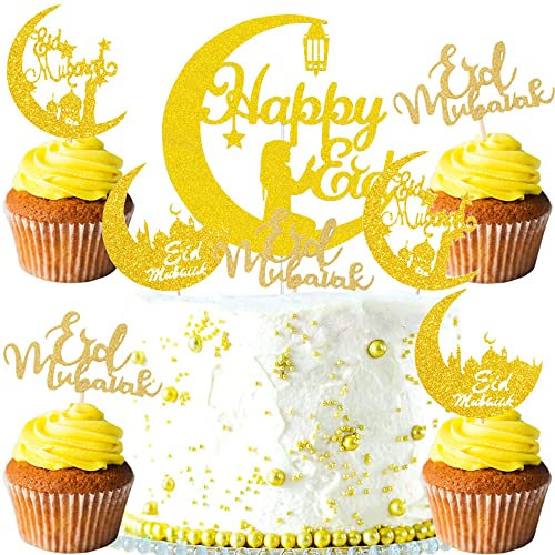 YGCHEN Tortendeko Eid Mubarak Kuchendeko Ramadan Cake Toppers Gold Glitzer Kuchen Dekoration für Eid Mubarak Islamisches Party Bankett Abendessen Dekoration 35 Stück