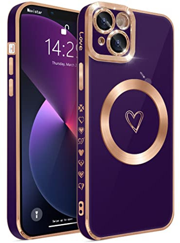 HZLFCZL Coque Magnétique pour iPhone 13,Compatible avec MagSafe Protection complète de l'objectif de l'appareil Photo,Luxe en Forme de cœur Slim Soft TPU Phone Case for iPhone 13-Violet Foncé