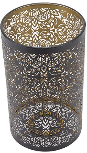 Qiilu Wrought Iron Lamp Shade - Hollow Carving, Circular Table, Modern Metal Cylindrical Pattern, E27/E26 Detachable Decorative Nightstand Table