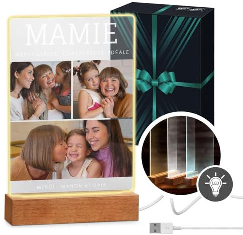 Maverton Cadre Photo personnalisé avec photo et texte imprimé - cadeau personnalisé femme - lampe photo personnalisable LED pour elle - pour maman - Cadeau Noel - anniversaire - mamie - fille - mamie