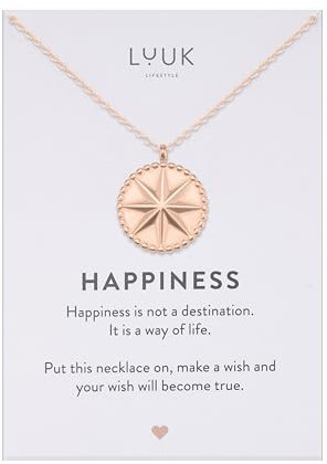 LUUK LIFESTYLE Collana in stile retro-chic per lei, con ciondolo a forma di rosa dei venti e dedica HAPPINESS, 50 cm, oro rosa