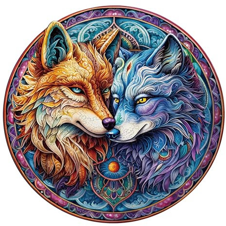 Blumuze Holzpuzzle Erwachsene 296 Stück, Yin Yang Wolf Holz Puzzle, Holzpuzzle Einzigartige Tierform Puzzleteile, Puzzle aus Tierteilen, Puzzle Holz Erwachsene mit Geschenkbox aus Holz (L-34*33.5cm)