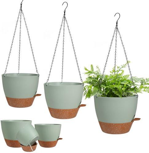 Lucieblessdesign 3 Pack Hanging Planter Indoor Outdoor Flower Pots 7/6.5/5 Inch, Self-Watering Hanging Pot with Drainage Holes Hanging Baskets Holder Plant Pots for Garden (Green)