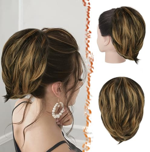BARSDAR Pinza de Garra Cola de Caballo de Moño, 20cm Liso Corta Moño de Pelo Extensión Natural Sintética Balayage Moño de Pelo Clip in Cola de Caballo Postizos (Negro & Rubio Reflejos)