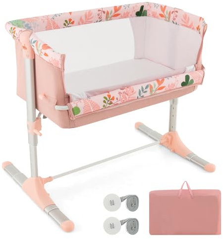 COSTWAY Culla Neonato con Materasso Imbottito, Culla Bambini Pieghevole con 4 Altezze Regolabili, Lettino per Bambini con Borsa di Trasporto, per Bambini 0-6 Mesi