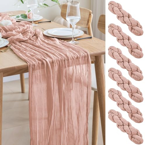 Asee'm 6PCS Tischläufer Käsetuch 300 x 90cm Staubiges Rosa Boho Transparente Läufer Tisch Hochzeit Gaze Stoff Rustikale Käse Tuch für Braut Dusche Party