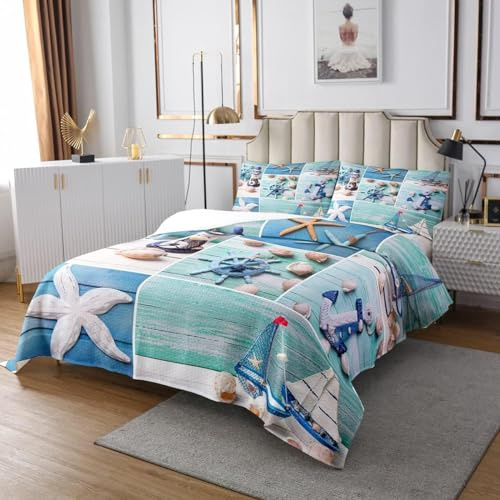 Homewish Tagesdecke, nautischer Anker, für 2 Personen, 260 x 240 cm – Bettüberwurf Seestern Küste – Tagesdecke Blaugrün – Tagesdecke, Leuchtturm Retro Segelboot – Thema Strand Ozean