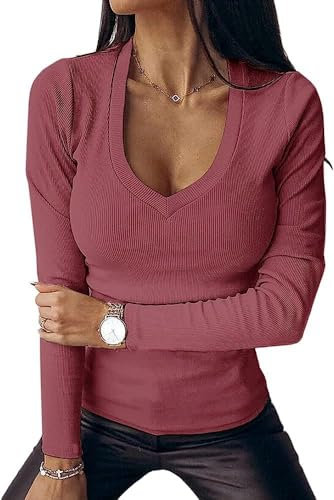 Imily Bela Maglia da donna a maniche lunghe, sexy, scollo a V, elegante, a coste, slim fit, autunno, Rosa., L