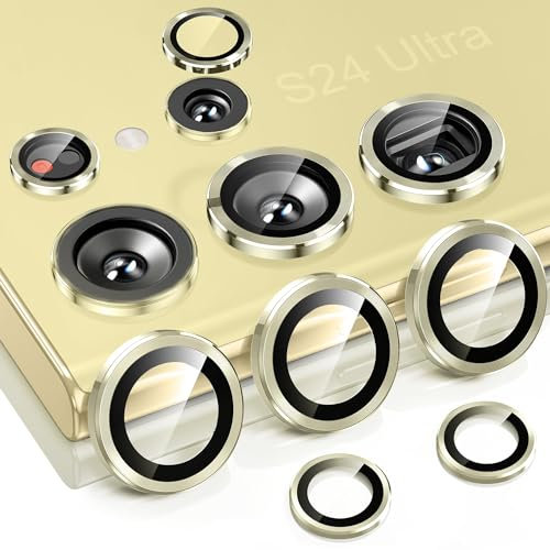 Muigi Camera Lens Protector for Samsung Galaxy S24 Ultra 5G [Keep Original Shooting] Shatterproof, Ultra-HD 9H Tempered Glass Camera Screen Protector Metal Ring Cover Film Accessories Titanium Yellow