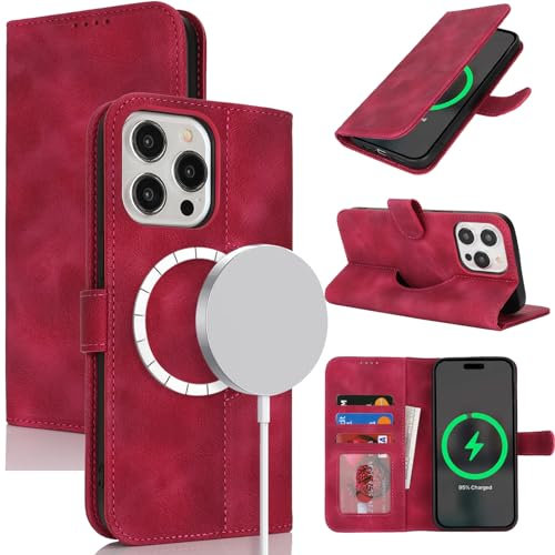 Zouzt Case for iPhone 15 Pro Max (6.7), [Compatible with MagSafe] Magnetic PU Leather Wallet Case with Card Holders and Kickstand, Wireless Charging Flip Folio Phone Cover - Vintage Red