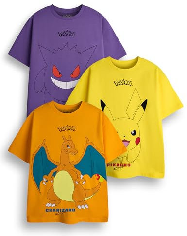 Pokemon Boys T-Shirt Pack of 3 | Yellow, Orange & Purple Short Sleeve Graphic Tee Bundle | Pikachu Charizard Gengar Gaming Multi-Pack Clothing Set | Game TV Series Movie Merchandise Gift Bundle