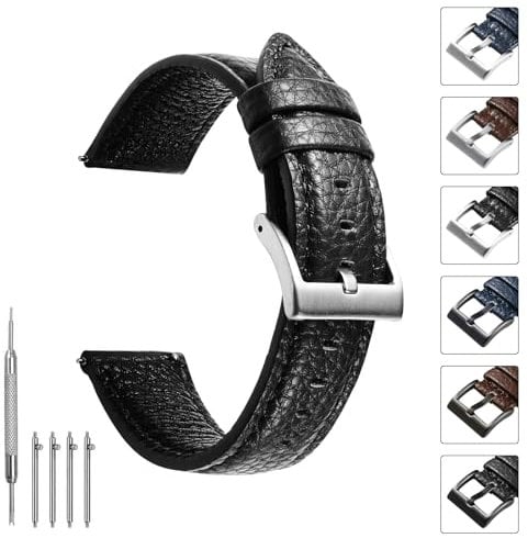 TODYSTRAP Uhrenarmband 20mm Leder, Uhrenarmbänder für Herren aus Schwarz Lychee-Leder, Ersatz, Weiche, Smartwatch Armband, 20mm 22mm