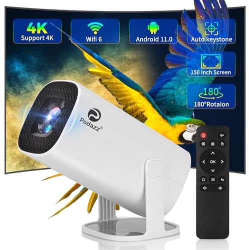 Projector, Podazz Mini Projector 4K Support - With WiFi6 BT 5.4 Android 11, Protable Projector Auto Horizontal Correction, 180°Rotatable Outdoor Movie Smart Compatible with Phone