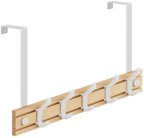 Pasdrucn 50cm Türhaken Zum Einhängen, Garderobenhaken Tür Mit 5 Beweglichen Haken, Kleiderhaken Tür Einhängen, Holz+Edelstahl Türgarderobe Zum Einhängen, Handtuchhalter Tür Einhängen (Weiß)