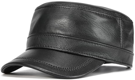 VOBOOM Leather Cadet Army Cap Adjustable Flat Top Military Style Hat for Men (Black)