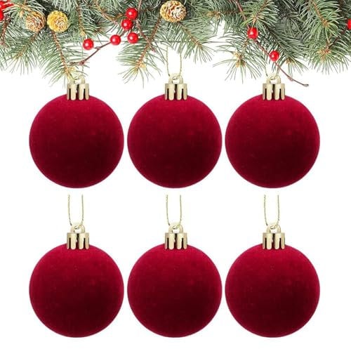 Velvet Flocked Christmas Balls 6pcs 6cm - Shatterproof Mini Hanging Baubles for Christmas Tree, Wedding, Party Decoration - Red