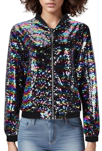 Pailletten Jacke Damen Bunt Glitzer Bomberjacke Glitzernde Jacken Langarm Glänzend Glitzer Bomber Jacke Kurzer Reißverschlussmantel Pailletten Blazer Rave Outfit Metallisches Festival Mantel Jacket