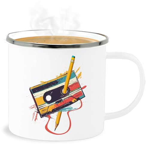 Emaille Becher Blechbecher - Karneval & Fasching - Tassen - Retro Kassette I Retro Geschenke 80er Jahre Geschenk 90er Outfit I 90iger Jahre I Techno Outfit - 300 ml - Weiß Silber - fasching-