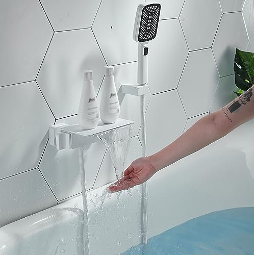 PUFAHAU Duschmischbatterien, Wandmontage, quadratisch, Wasserfall-Mischbatterie, Badewannenarmatur, Badewannenfüllarmatur, Badewannenmischbatterie mit Handbrause, grau(White-A)