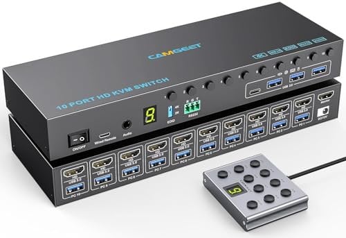 CAMGEET 10 Port KVM Switch HDMI 4K@60Hz, Simulation EDID HDMI KVM Switch für 10 Computer teilen sich 1 Monitor und 4 USB 3.0 Ports, KVM Switches 10 PC mit Audio RS232, Wired Remote, USB 3.0 Cables